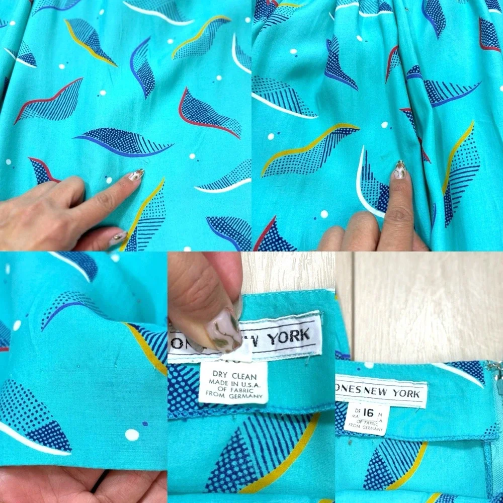 VTG Jones New York Dress Womens 16 Turquoise Abstract Midi Sundress 80s USA MCM!